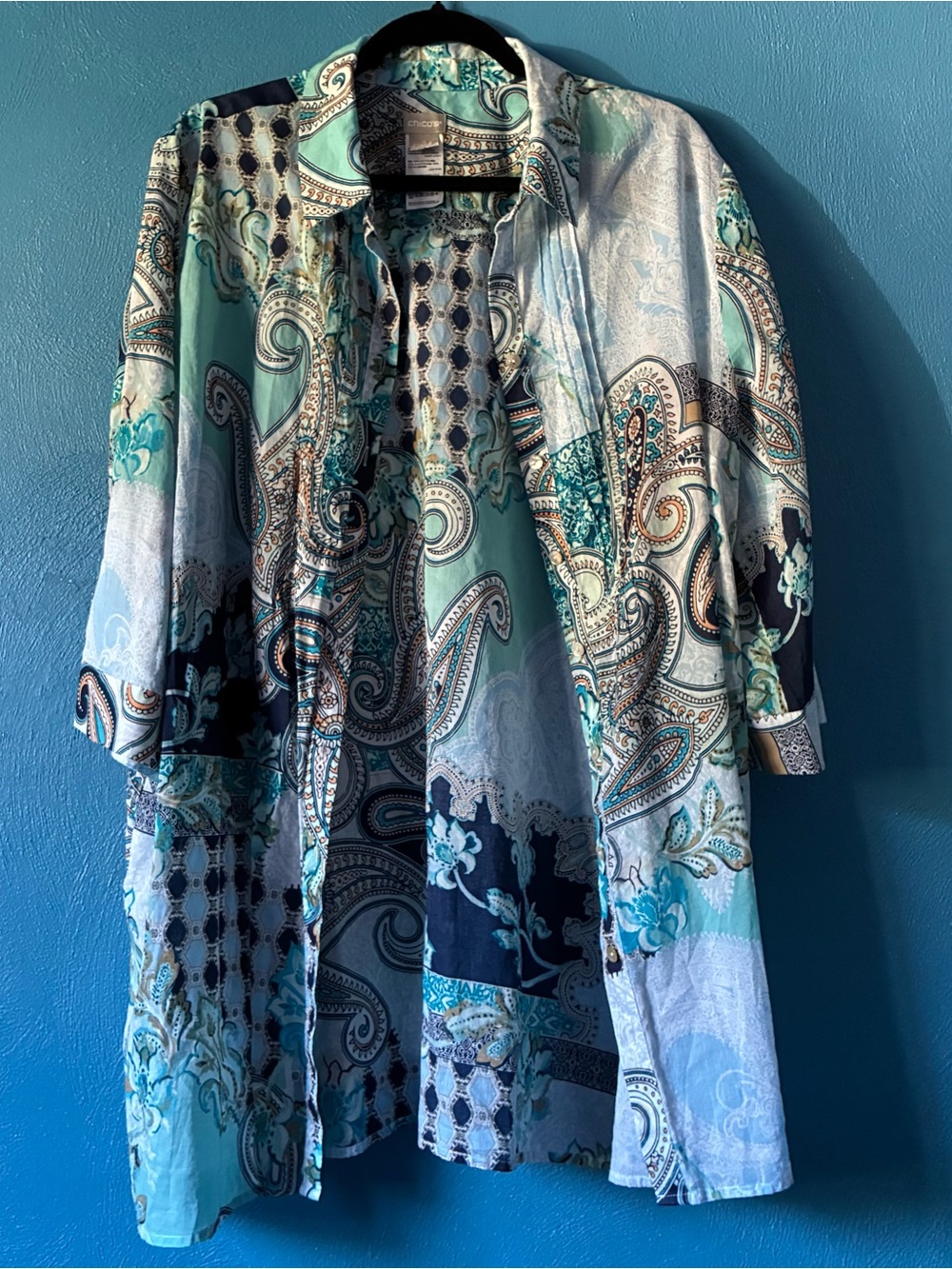 Chico's Teal and Navy Paisley Button-Up Shirt